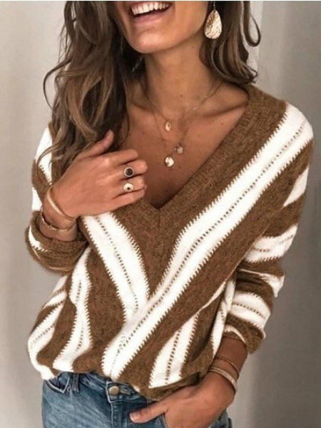 Women Sweaters Deep V Neck Vintage Striped Long Sleeve Knit Pullover Sweaters