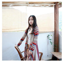 Load image into Gallery viewer, Ethnic Bohemian Striped Long Sleeve Tassel Knitted Cardigan Sweater
