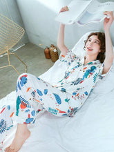 Load image into Gallery viewer, Spring and summer new ladies printed silk casual home clothes short sleeve trousers summer cardigan pajamas
