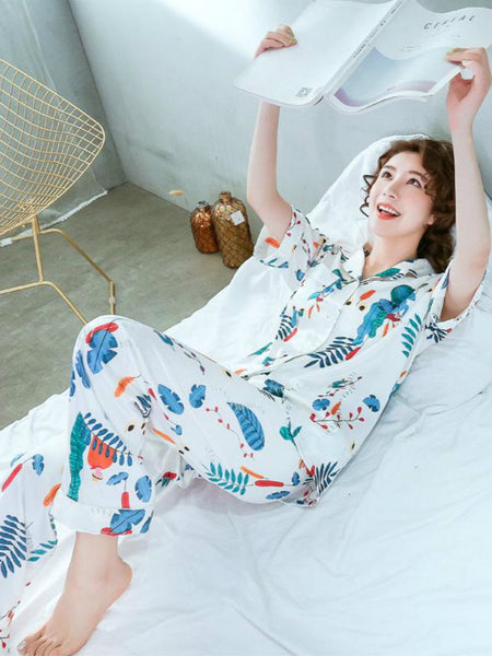 Spring and summer new ladies printed silk casual home clothes short sleeve trousers summer cardigan pajamas