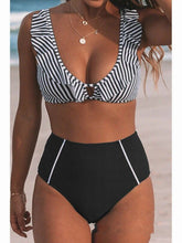 Load image into Gallery viewer, Bikini stripe solid color lotus leaf flash high waist split swimsuit
