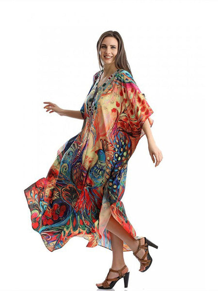 Peacock Orientation Print Beach Dress Holiday Long Dress Bikini Blouse