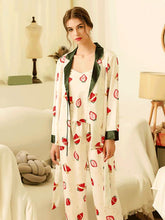 Load image into Gallery viewer, Three-piece Set Spring and Autumn Ice Silk Pajama Set Women's Printed Cute Strawberry Long Sleeve Cardigan Silk Strap Home Service Thin
