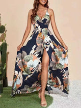 Load image into Gallery viewer, Printed suspender long split leg stylish high-end sexy deep V dress
