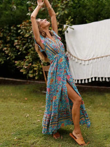 Bohemia V-neck Printed Beach Maxi Split Dresses