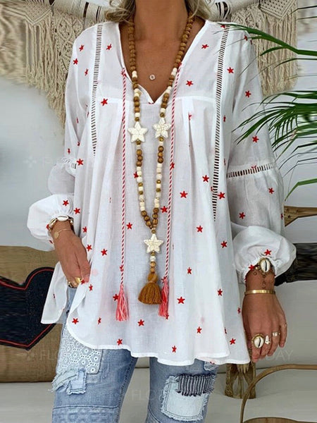 Women White Casual Lantern Long Sleeve Hollow Pentagram Printed Blouse Shirt
