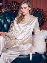 Load image into Gallery viewer, Spring and summer long sleeve suit imitation silk thin sexy lace large women's home wear pajamas
