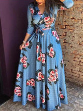Load image into Gallery viewer, Long Sleeve Floral V Neck Slim Waist Maxi Dress with Belt
