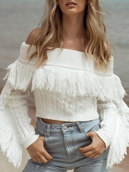 Tassel White Knitted Long Sleeve Sexy Pullover Short Sweater