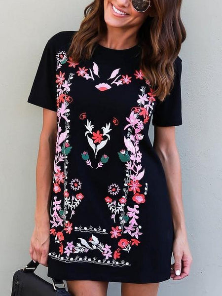 Women Floral Short Sleeve Boho Black Mini Dress