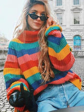 Load image into Gallery viewer, Rainbow Turtleneck Winter Jumpers Knitted Striped Oversize Pullover Sweater
