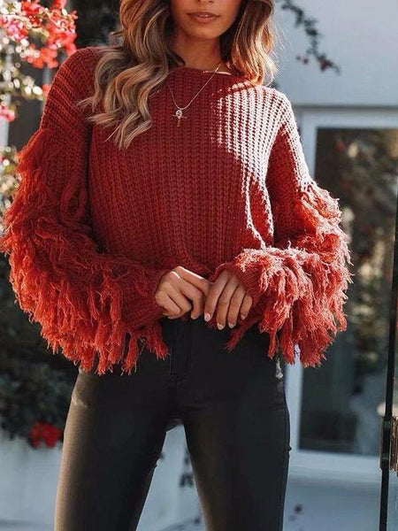 Solid Color Round Neck Long Sleeve Tassel Sweater