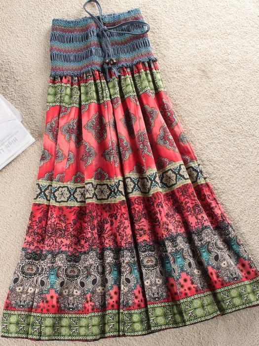 Fashion Elastic Waist Bohemian Style Floral Women Skirt