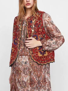 Boho Autumn Orang Floral Embroidery Sleeveless Outerwear Jacket