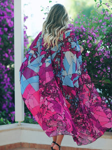 Floral Purple Chiffon Batwing Sleeve Beach Kimono With Belt Dress Cover-up