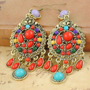 Ethnic Colorful Stone Big Gypsy Drop Fashion Bohemian Vintage Earrings