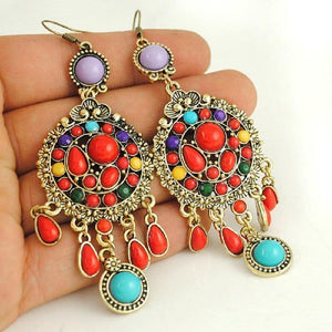Ethnic Colorful Stone Big Gypsy Drop Fashion Bohemian Vintage Earrings