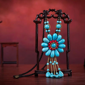 Women Boho Long Natural Stone Tassel Flower Vintage Ethnic Style Statement Necklace