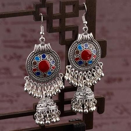 Traditional Indian Ethnic Silver Color Drop Women Gypsy Tassel hemisphere Earrings