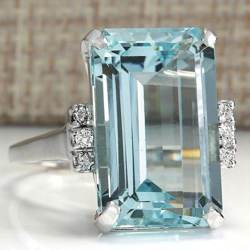 Chic Big Ocean Blue Crystal Engagement Rectangle Transparent Ring Jewelry