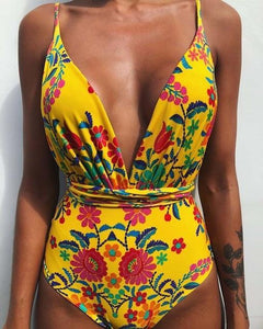 Solid Color Sexy Deep V One Piece Swimsuit  Backless Bodysuit Monokini Swimwear