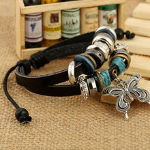 Load image into Gallery viewer, 1PCS Fashion Women Men Vintage Multilayer Butterfly Wood Bead Leather Braided Strand Bracelet

