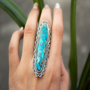 Vintage Look Tibet Alloy Antique Silver Plated Personality Green Oval Turquoise Ring