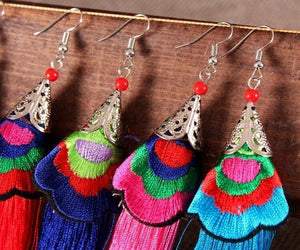 Ethnic Tibet Embroidery Long Tassel Drop Retro Bohemia Handmade Tassel Earrings