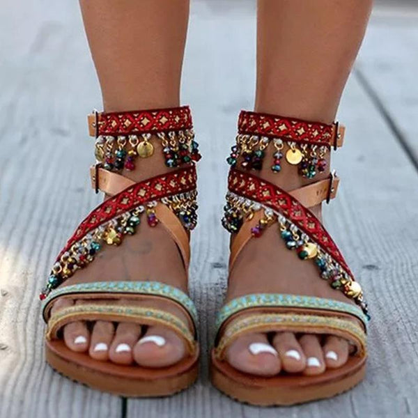 Summer women beach flats sandals handmade string bead bohemian ladies shoes