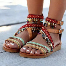 Load image into Gallery viewer, Summer women beach flats sandals handmade string bead bohemian ladies shoes

