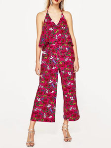 Sexy Floral-Print Off-Shoulder Deep V Neck Strape Jumpsuits