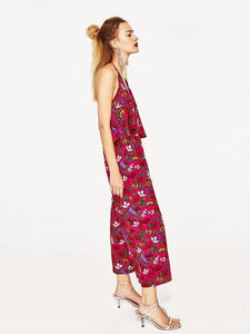 Sexy Floral-Print Off-Shoulder Deep V Neck Strape Jumpsuits