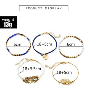 Ethnic Style Creative Alloy Rice Beads Love Leaves Feathers Multi-Layer Bracelet Cord Woven Bracelet Set Of 5