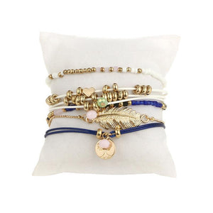 Ethnic Style Creative Alloy Rice Beads Love Leaves Feathers Multi-Layer Bracelet Cord Woven Bracelet Set Of 5