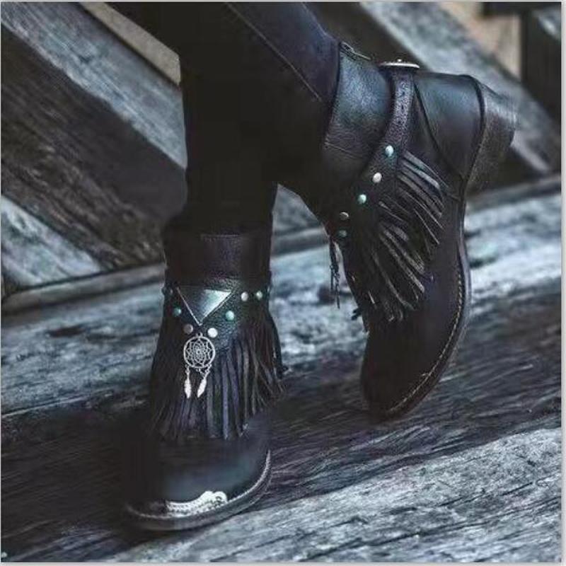 Women Ankle Boots Chunky Low Heels Ladies Vintage PU Leather Gladiator Tassels Shoes