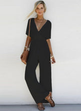 Load image into Gallery viewer, Women s Fashion V Neck Short Sleeve Solid Wide Leg Jumpsuit
